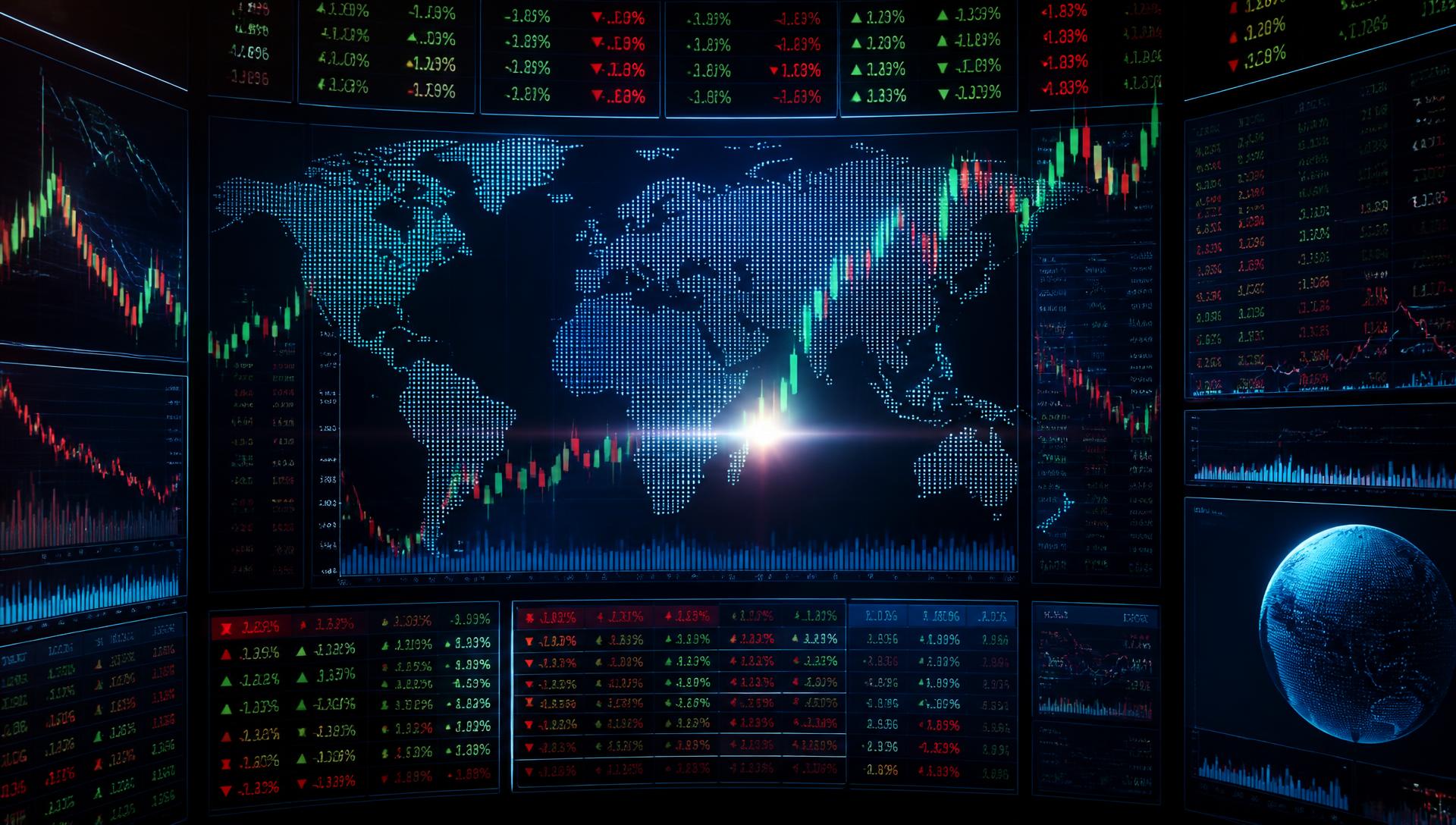 Trading terminal wall showing global market charts and tickers